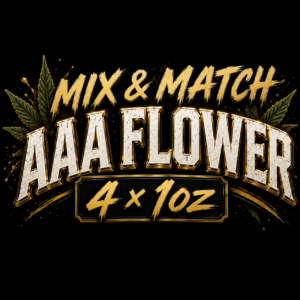 Mix & Match AAA cannabis flower 4 x 1oz product graphic featuring premium bulk flower selection on a black background for the Baller Club Canada flower collection.