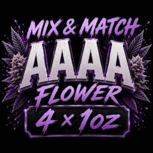 "BallerClub Mix & Match AAAA cannabis flower 4 x 1oz featuring four customizable one-ounce selections of premium indica, hybrid, and sativa cultivars."