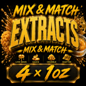 "BallerClub Mix & Match Cannabis Extracts 4 x 1oz featuring customizable one-ounce selections of cured resin, shatter, sauce, distillate, and budder or crumble."