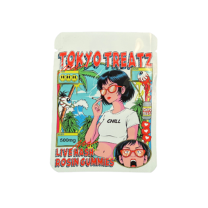 Tokyo Treats Live Hash Rosin gummies in Black Cherry flavour, 500mg THC total with 100mg per gummy, full spectrum edible product in a premium package.