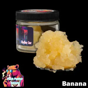 "Peach Panther Banana Kush 1oz baller jar containing light golden cured resin bulk cannabis extract in a clear concentrate jar."