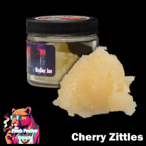 "Peach Panther Cherry Zkittles 1oz baller jar containing light golden cured resin bulk cannabis extract in a clear concentrate jar."