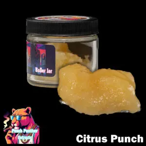 "Peach Panther Citrus Punch 1oz baller jar containing light golden cured resin bulk cannabis extract in a clear concentrate jar."