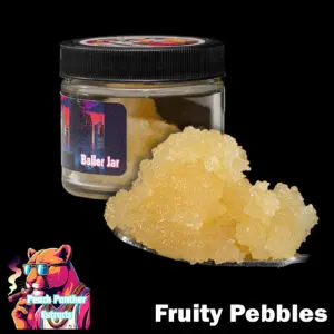 "Peach Panther Fruity Pebbles 1oz baller jar containing light golden cured resin bulk cannabis extract in a clear concentrate jar."