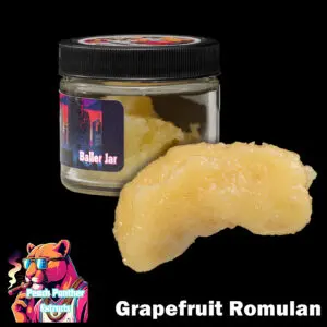 "Peach Panther Grapefruit Romulan 1oz baller jar containing light golden cured resin bulk cannabis extract in a clear concentrate jar."