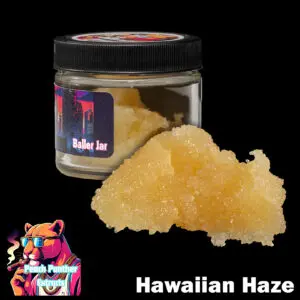 "Peach Panther Hawaiian Haze 1oz baller jar containing light golden cured resin bulk cannabis extract in a clear concentrate jar."