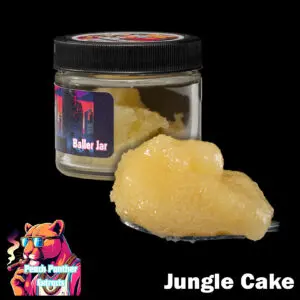 "Peach Panther Jungle Cake 1oz baller jar containing light golden cured resin bulk cannabis extract in a clear concentrate jar."