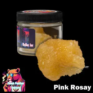 "Peach Panther Pink Rosay 1oz baller jar containing light golden cured resin bulk cannabis extract in a clear concentrate jar."