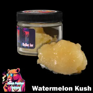 "Peach Panther Watermelon Kush 1oz baller jar containing light golden cured resin bulk cannabis extract in a clear concentrate jar."