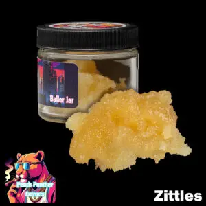 "Peach Panther Zkittles 1oz baller jar containing light golden cured resin bulk cannabis extract in a clear concentrate jar."