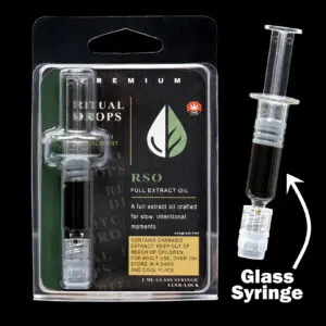 "Ritual Drops RSO syringe containing 1000mg full spectrum cannabis extract in a 1ml precision dispensing syringe."
