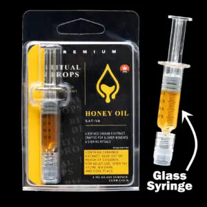 "Ritual Drops Sativa Honey Oil syringe containing 1000mg full spectrum cannabis extract in a 1ml precision dispensing syringe."