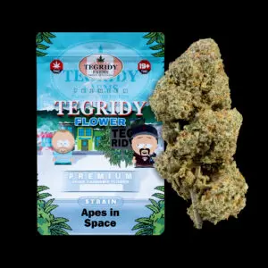 "Tegridy Flower Apes in Space AAA cannabis flower featuring dense green buds with frosty trichome coverage."