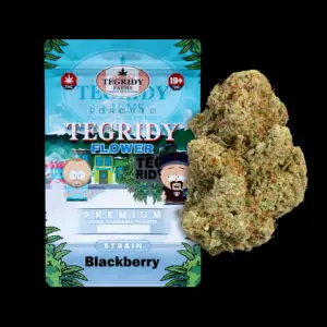 "Tegridy Flower Blackberry Kush AAAA cannabis flower featuring dense resin-coated buds with heavy frosty trichome coverage."