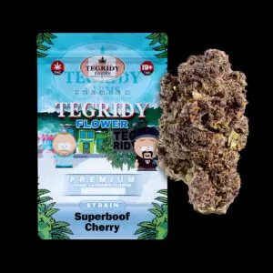 "Tegridy Flower Super Boof Cherry AAAA cannabis flower featuring dense resin-coated buds with heavy frosty trichome coverage."