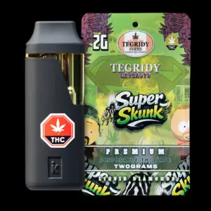 "Tegridy Extracts Super Skunk 2g Liquid Diamonds disposable vape featuring premium cannabis extract in a rechargeable all-in-one device."