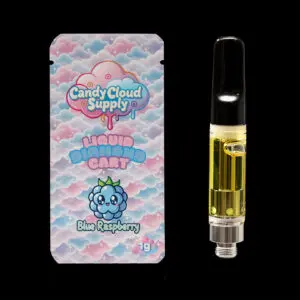 "Candy Cloud Supply Blue Raspberry Liquid Diamonds 1g vape cartridge featuring premium liquid diamond cannabis extract in a universal 510-thread cartridge."
