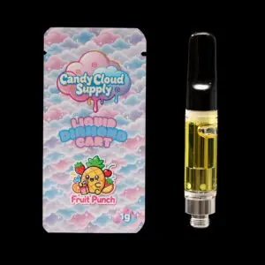 "Candy Cloud Supply Fruit Punch Liquid Diamonds 1g vape cartridge featuring premium liquid diamond cannabis extract in a universal 510-thread cartridge."