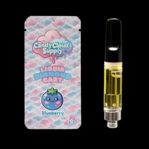 "Candy Cloud Supply Blueberry Liquid Diamonds 1g vape cartridge featuring premium liquid diamond cannabis extract in a universal 510-thread cartridge."