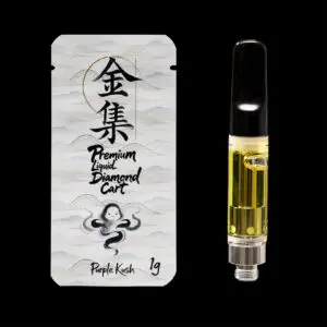 "Gold Collective Purple Kush Liquid Diamonds 1g vape cartridge featuring premium liquid diamond cannabis extract in a universal 510-thread cartridge."