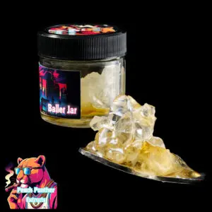 "Peach Panther A5 Killer Haze Diamonds & Sauce cannabis concentrate featuring crystal-clear THCA diamonds suspended in golden terpene-rich sauce inside a concentrate jar."