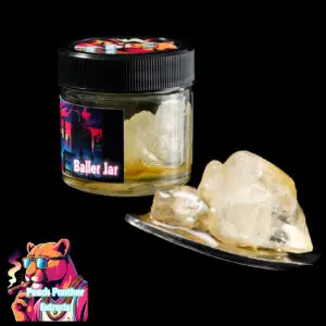 "Peach Panther Pink Marker Diamonds & Sauce cannabis concentrate featuring crystal-clear THCA diamonds suspended in golden terpene-rich sauce inside a concentrate jar."