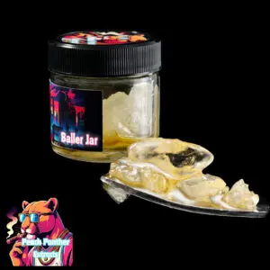 "Peach Panther Black Cherry Diamonds & Sauce cannabis concentrate featuring crystal-clear THCA diamonds suspended in golden terpene-rich sauce inside a concentrate jar."