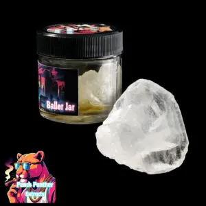 "Peach Panther Dry Diamonds cannabis concentrate featuring crystal-clear THCA diamonds without terpene sauce inside a concentrate jar."