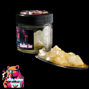"Peach Panther Super Boof Diamonds & Sauce cannabis concentrate featuring crystal-clear THCA diamonds suspended in golden terpene-rich sauce inside a concentrate jar."