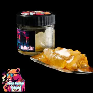 "Peach Panther Blue Moon Rocks Diamonds & Sauce 1g concentrate featuring clear THCA diamonds suspended in golden terpene-rich sauce inside a concentrate jar."