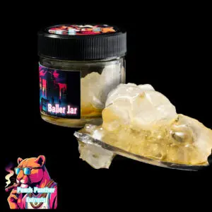 "Peach Panther Stripper Spit Diamonds & Sauce cannabis concentrate featuring crystal-clear THCA diamonds suspended in golden terpene-rich sauce inside a concentrate jar."