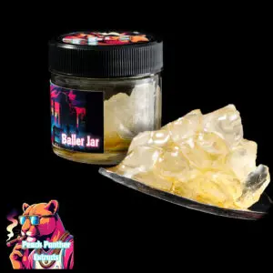 "Peach Panther Platinum Jealousy Diamonds & Sauce cannabis concentrate featuring crystal-clear THCA diamonds suspended in golden terpene-rich sauce inside a concentrate jar."