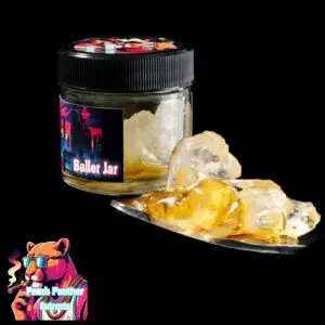 "Peach Panther Blackberry Cream Diamonds & Sauce cannabis concentrate featuring crystal-clear THCA diamonds suspended in golden terpene-rich sauce inside a concentrate jar."