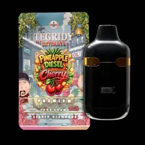 "Tegridy Extracts 4g Dual Chamber Disposable Vape featuring Liquid Diamonds with Pineapple Diesel and Cherry terpene profiles."