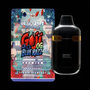 "Tegridy Extracts 4g Dual Chamber Disposable Vape featuring Liquid Diamonds with Goji OG and Blue Razz terpene profiles."