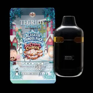 "Tegridy Extracts 4g Dual Chamber Disposable Vape featuring Liquid Diamonds with Alaskan Thunder Fuck and Ice Cream Cookies terpene profiles."