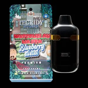 "Tegridy Extracts 4g Dual Chamber Disposable Vape featuring Liquid Diamonds with Watermelon Mojito and Blueberry Diesel terpene profiles."
