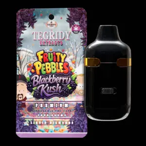 "Tegridy Extracts 4g Dual Chamber Disposable Vape featuring Liquid Diamonds with Fruity Pebbles and Blackberry Kush terpene profiles."