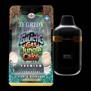 "Tegridy Extracts 4g Dual Chamber Disposable Vape featuring Liquid Diamonds with Galactic Gas and Jungle Cake terpene profiles."