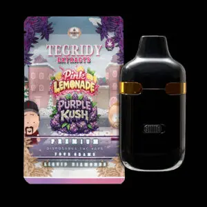 "Tegridy Extracts 4g Dual Chamber Disposable Vape featuring Liquid Diamonds with Pink Lemonade and Purple Kush terpene profiles."