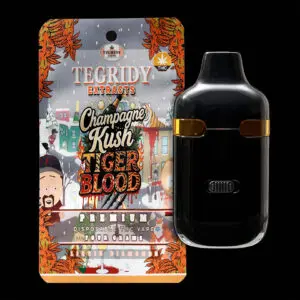 "Tegridy Extracts 4g Dual Chamber Disposable Vape featuring Liquid Diamonds with Champagne Kush and Tigers Blood terpene profiles."