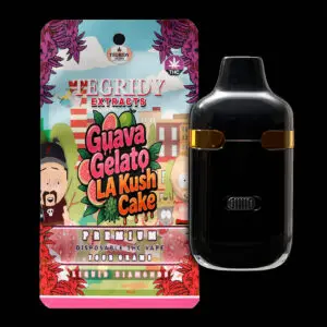 "Tegridy Extracts 4g Dual Chamber Disposable Vape featuring Liquid Diamonds with Guava Gelato and LA Kush Cake terpene profiles."