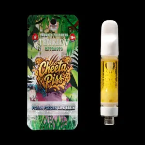 "Tegridy Extracts Cheeta Piss Fresh Frozen Live Resin infused with Liquid Diamonds 1g full ceramic vape cartridge."