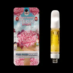 Tegridy Extracts Pink Panties combines Fresh Frozen Live Resin, Liquid Diamonds, and premium full ceramic hardware in a 1g vape cartridge delivering sweet berry, floral lavender, creamy candy, and earthy kush terpene flavour.