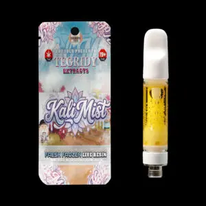 "Tegridy Extracts Kali Mist Fresh Frozen Live Resin infused with Liquid Diamonds 1g full ceramic vape cartridge."