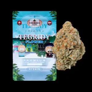 "Tegridy Flower Uni-Bomber AAA cannabis flower featuring dense frosty buds with sticky trichome coverage."