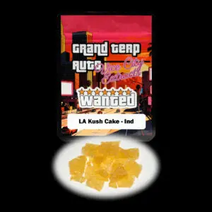 “Grand Terp Auto LA Kush Cake shatter concentrate featuring translucent light golden shatter with a glass-like appearance and stable snap-and-pull texture.”