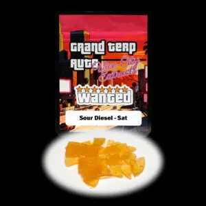 “Grand Terp Auto Sour Diesel shatter concentrate featuring translucent light golden shatter with a clear glass-like appearance and stable texture.”