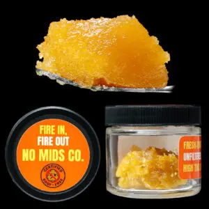 "No Mids Co. Purple Sunset Indica Fresh Frozen Live Resin cannabis concentrate in a premium concentrate jar.