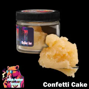 "Peach Panther Confetti Cake 1oz baller jar containing light golden cured resin bulk cannabis extract in a clear concentrate jar."
